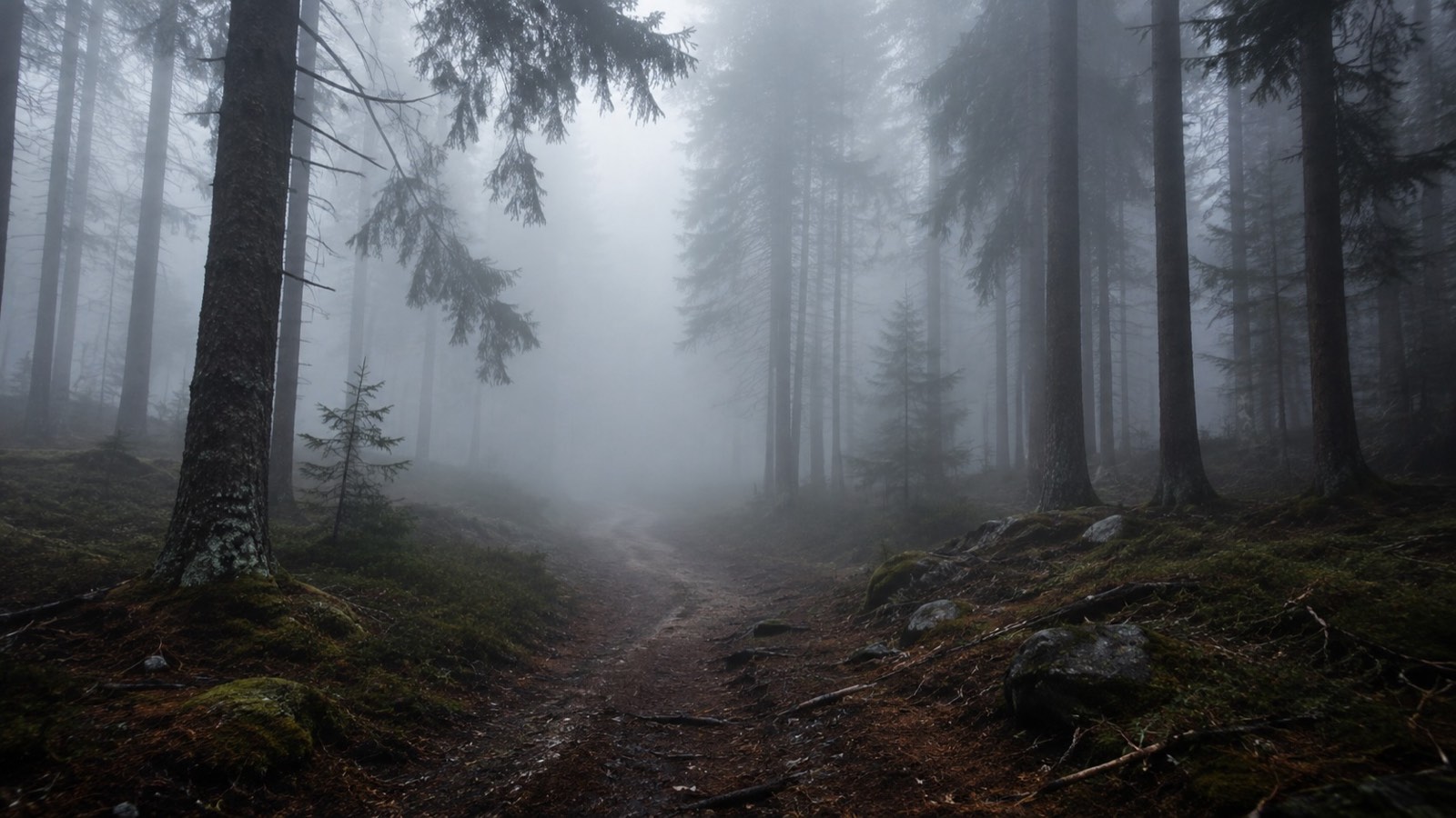 Nebelverhangener Nadelwald im Schwarzwald